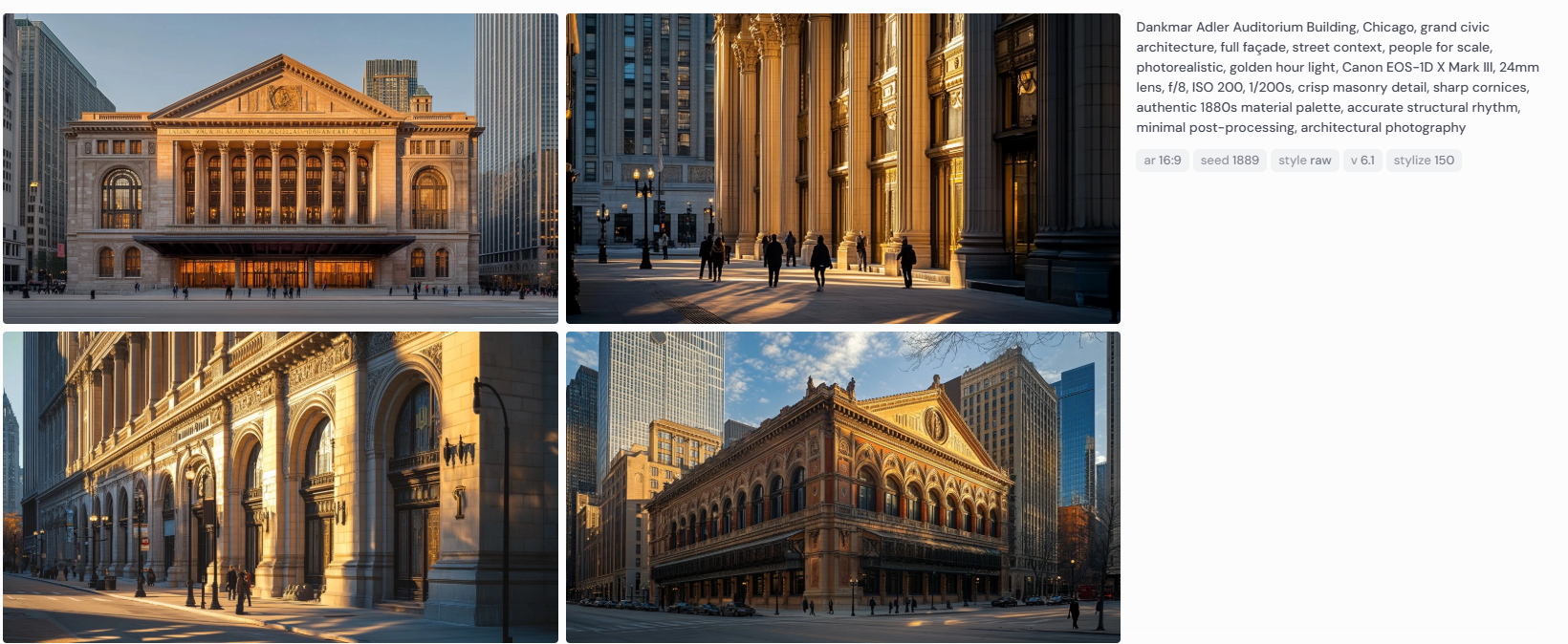 Four Midjourney renderings of Dankmar Adler’s Auditorium Building in Chicago at golden hour, showing the full façade, detailed cornices, street context with people for scale, and warm light enhancing the 1880s masonry and structural rhythm.