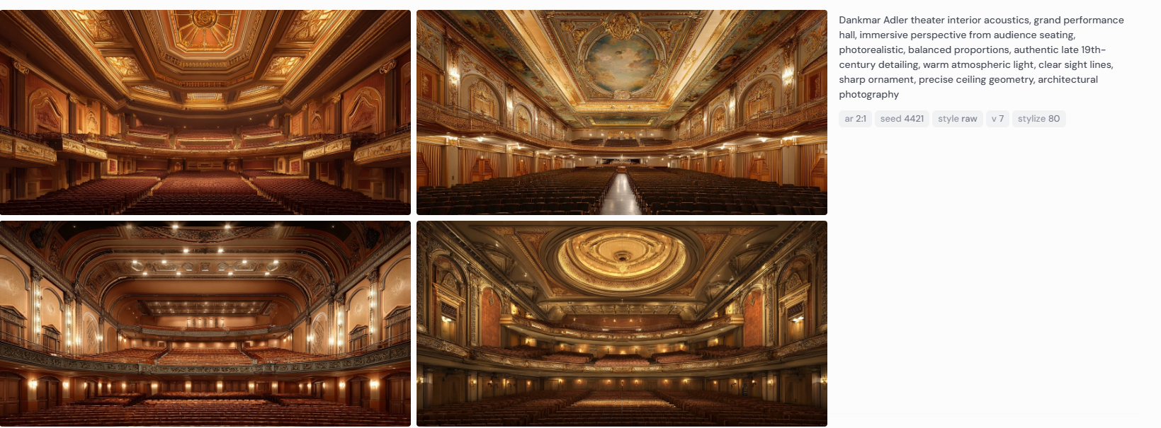 Four Midjourney renderings of Dankmar Adler’s theater interior, featuring golden light, intricate ceiling ornament, balanced proportions, and immersive audience perspectives that highlight his acoustic mastery.