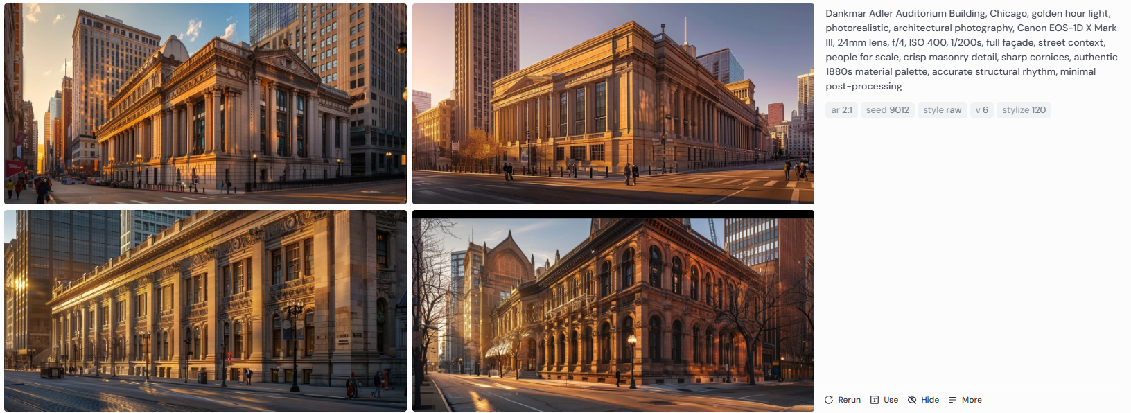 Set of four Midjourney v6 renderings of Dankmar Adler’s Auditorium Building, Chicago, captured at golden hour with detailed masonry, sharp cornices, authentic 1880s material palette, and accurate structural proportions.