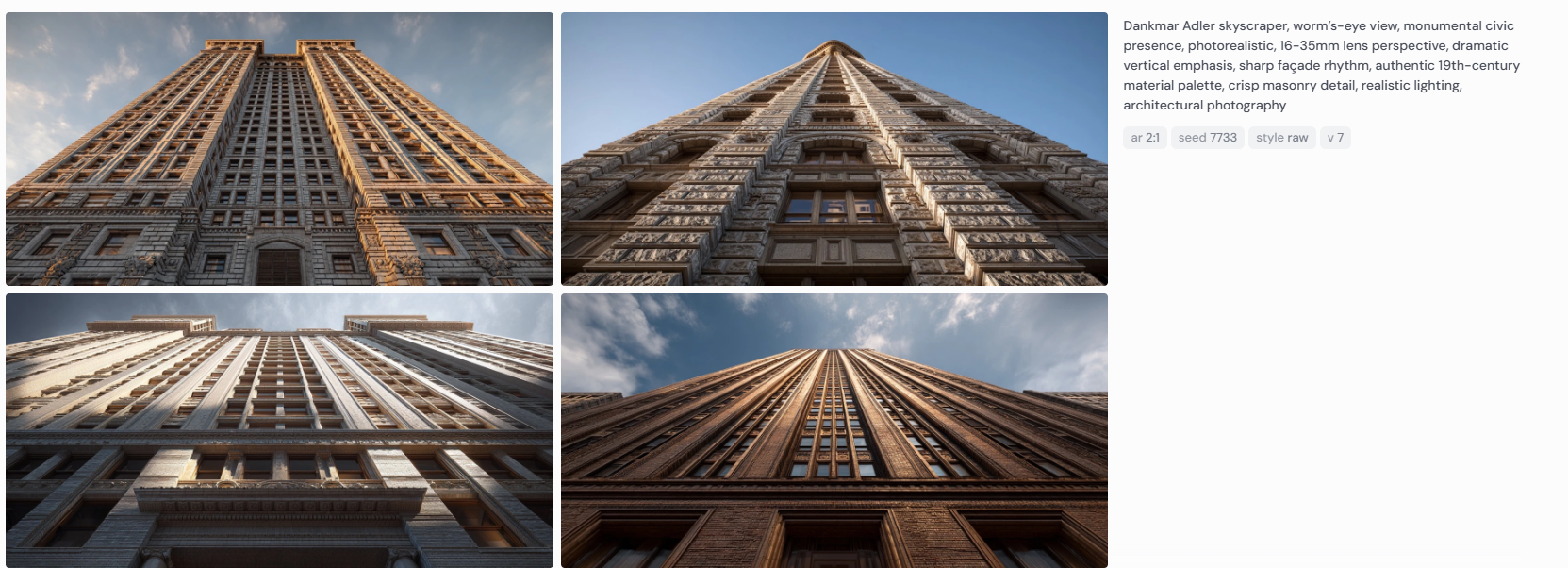 Four Midjourney renderings of Dankmar Adler’s skyscraper in worm’s-eye perspective, emphasizing vertical scale, photorealistic stone textures, and dramatic civic presence.
