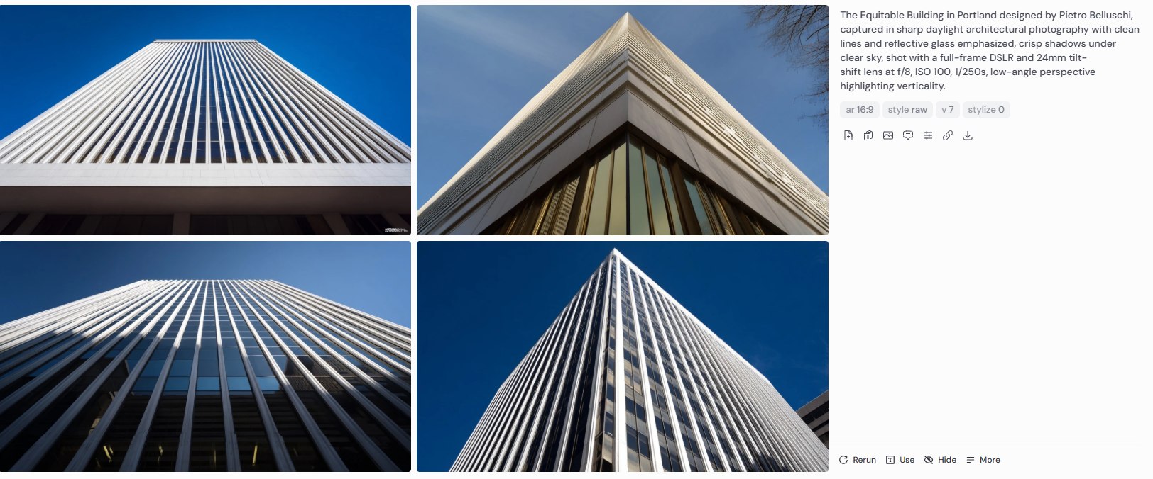 Four low-angle architectural photographs of the Equitable Building in Portland, designed by Pietro Belluschi, captured in sharp daylight with a full-frame DSLR using a 24mm tilt-shift lens. Images emphasize vertical lines, reflective glass surfaces, and crisp shadows against a clear blue sky, highlighting modernist symmetry and structural elegance.