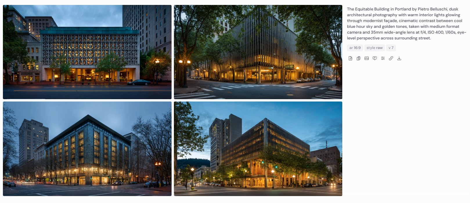 Four dusk-time architectural photographs of the Equitable Building in Portland, designed by Pietro Belluschi, featuring glowing warm interior lights behind a modernist façade, cinematic contrast with blue hour skies, and street-level views. Captured with a medium format camera and 35mm wide-angle lens at f/4, ISO 400, 1/60s.