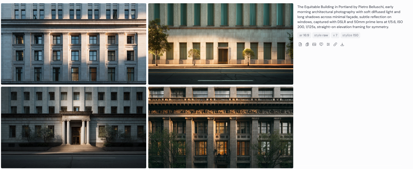 Four early morning architectural photographs of the Equitable Building in Portland, designed by Pietro Belluschi, showing a minimalist modern façade with soft diffused light, subtle window reflections, and long shadows. Captured straight-on with a DSLR and 50mm prime lens at f/5.6, ISO 200, 1/125s, emphasizing symmetry and calm visual balance.