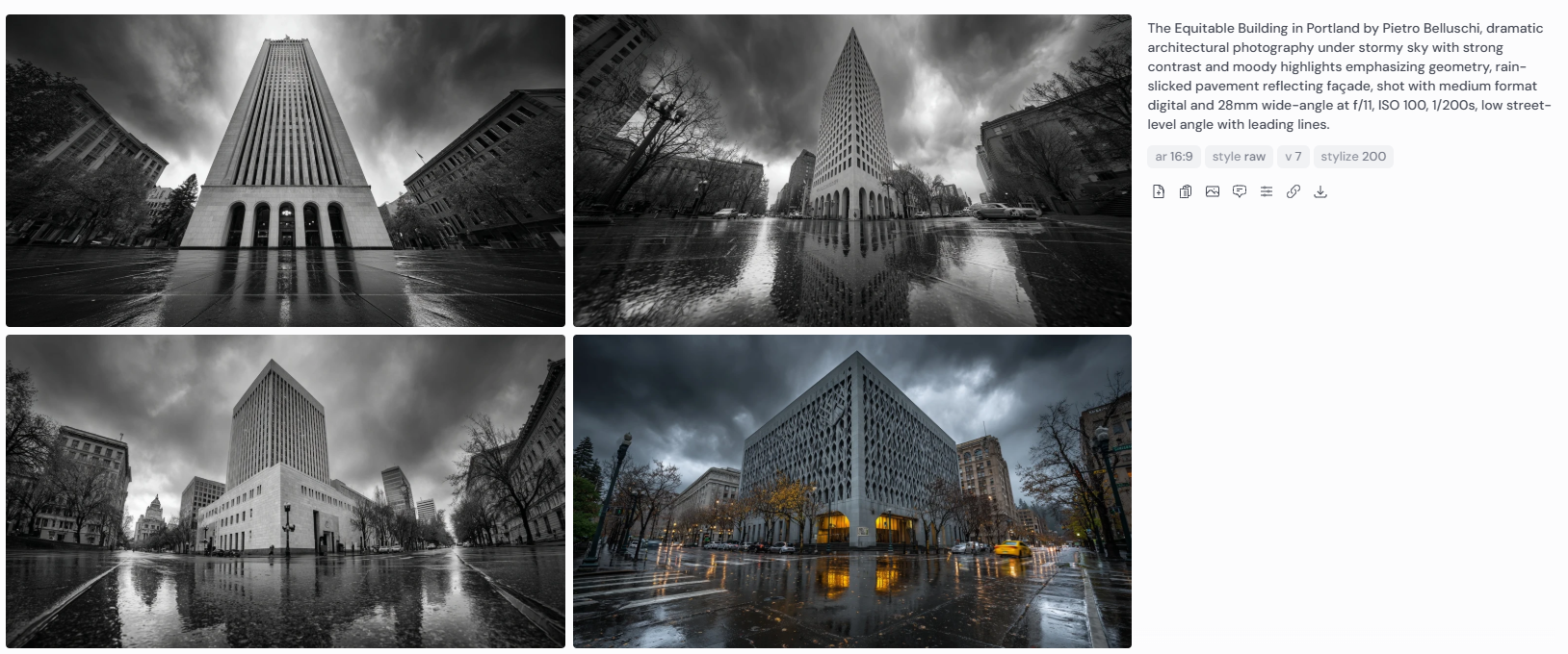 Four dramatic architectural photographs of the Equitable Building in Portland by Pietro Belluschi, captured under stormy skies with moody highlights and high contrast. Reflections from rain-slick pavement enhance the modernist façade, shot at a low street-level angle using a medium format digital camera and 28mm wide-angle lens at f/11, ISO 100, 1/200s.