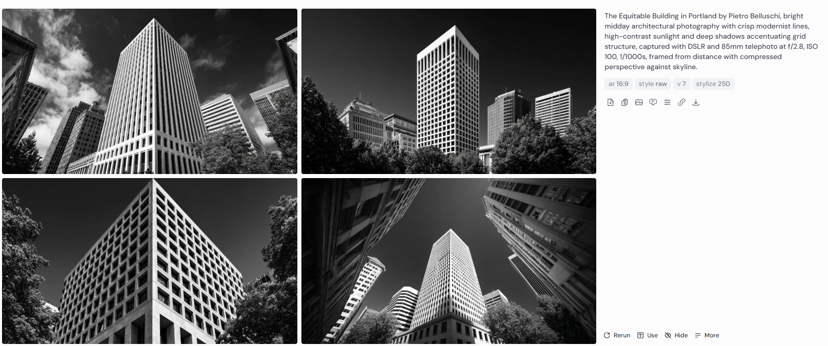 Four bright midday architectural photographs of the Equitable Building in Portland by Pietro Belluschi, showcasing crisp modernist grid lines under high-contrast sunlight. Deep shadows emphasize form and structure, captured with a DSLR and 85mm telephoto lens at f/2.8, ISO 100, 1/1000s, using a distant vantage point to compress perspective against the city skyline.