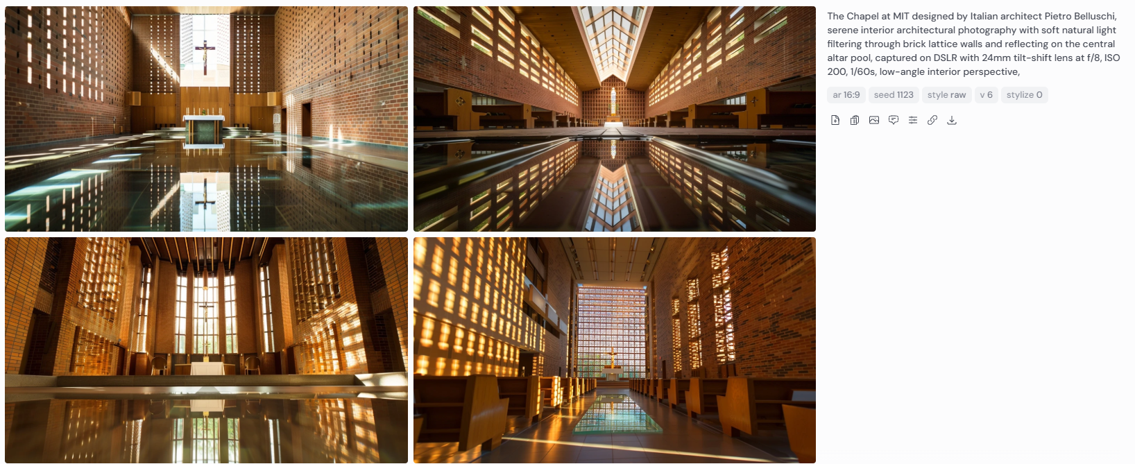 Four interior architectural photographs of the Chapel at MIT designed by Pietro Belluschi, featuring soft natural light filtering through brick lattice walls and reflecting on the central altar pool. Captured with a DSLR and 24mm tilt-shift lens at f/8, ISO 200, 1/60s from a low-angle interior perspective, showcasing the chapel’s serene spatial geometry.