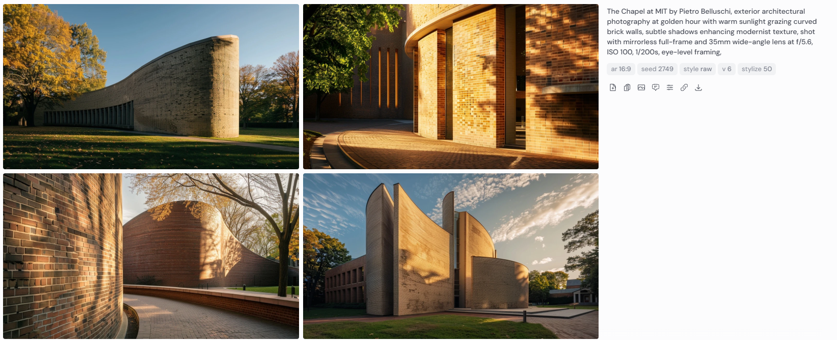 Four exterior architectural photographs of the Chapel at MIT by Pietro Belluschi, captured at golden hour with warm sunlight grazing curved brick walls. Subtle shadows emphasize modernist textures, shot at eye level using a mirrorless full-frame camera and 35mm wide-angle lens at f/5.6, ISO 100, 1/200s.