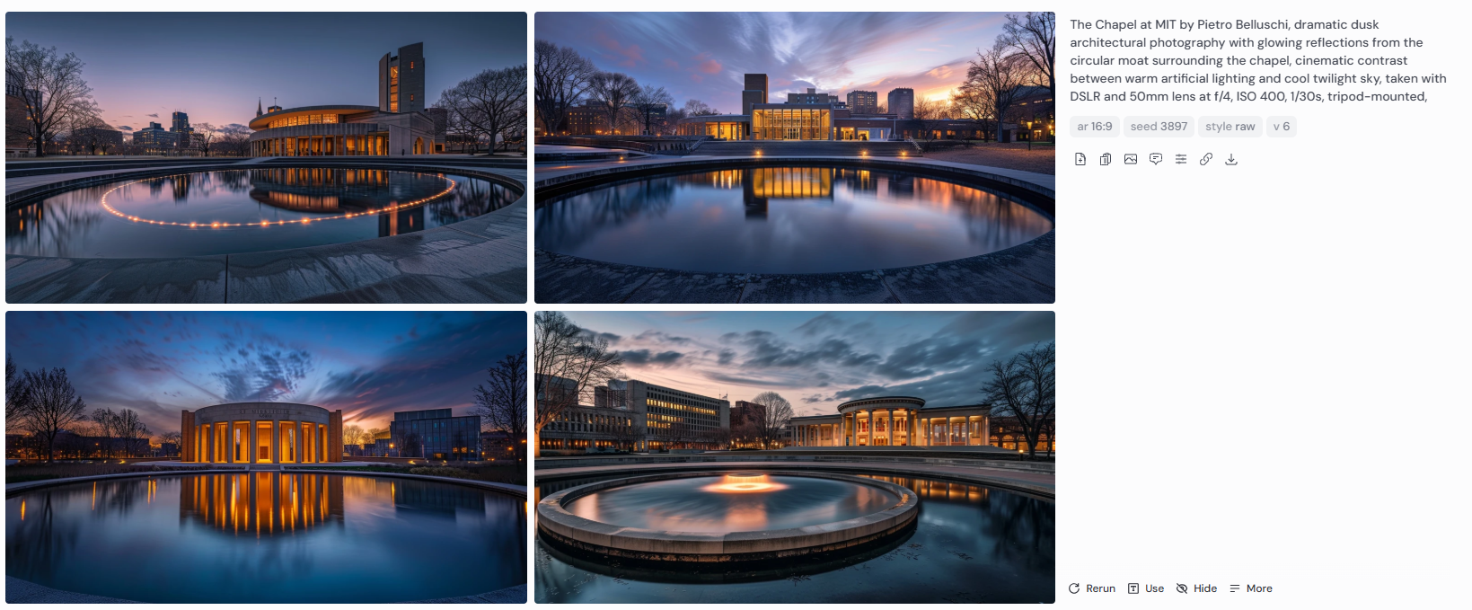 Four dramatic dusk architectural photographs of the Chapel at MIT by Pietro Belluschi, featuring glowing artificial lights reflected in the circular moat, with strong cinematic contrast between warm illumination and a cool twilight sky. Captured tripod-mounted with DSLR and 50mm lens at f/4, ISO 400, 1/30s.