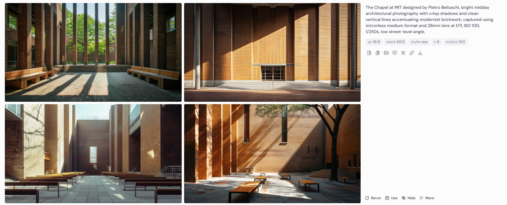 Four bright midday architectural photographs of the Chapel at MIT by Pietro Belluschi, showcasing clean vertical lines, crisp shadows, and detailed modernist brickwork. Captured at low street-level angle using a mirrorless medium format camera and 28mm lens at f/11, ISO 100, 1/250s.