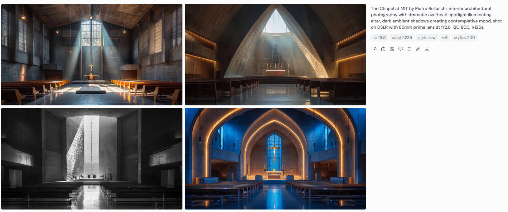 Four interior architectural photographs of the Chapel at MIT by Pietro Belluschi, featuring dramatic overhead lighting illuminating the altar, with dark ambient shadows enhancing a contemplative mood. Captured on DSLR with an 85mm prime lens at f/2.8, ISO 800, 1/125s.