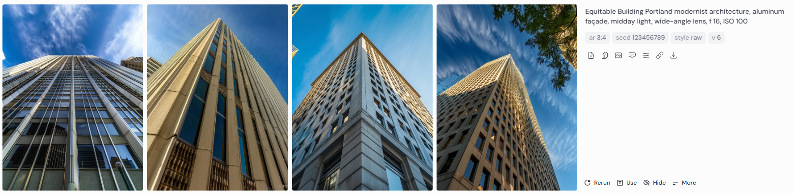 Equitable Building Portland rendered in Midjourney v6 with fixed seed 123456789, aluminum façade, wide-angle lens, f16, ISO100. Four variations highlight Pietro Belluschi’s modernist architecture with consistent proportions and changing light and atmosphere.