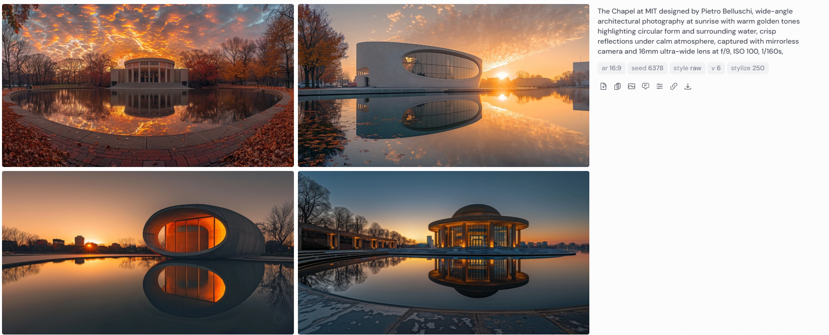 Four wide-angle architectural photographs of the Chapel at MIT by Pietro Belluschi, captured at sunrise with warm golden light highlighting the building’s circular form and smooth reflections in surrounding water. Taken with a mirrorless camera and 16mm ultra-wide lens at f/9, ISO 100, 1/160s under calm atmospheric conditions.