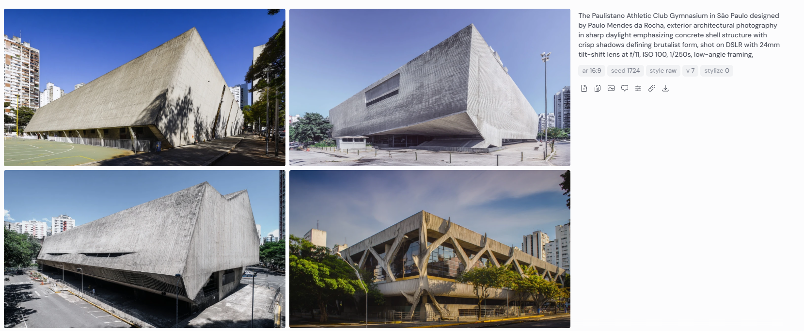 Four exterior architectural photographs of the Paulistano Athletic Club Gymnasium in São Paulo, designed by Paulo Mendes da Rocha. Captured in sharp daylight with low-angle framing, highlighting the building’s exposed concrete shell structure, crisp shadows, and distinctive brutalist form. Shot on DSLR with 24mm tilt-shift lens at f/11, ISO 100, 1/250s.