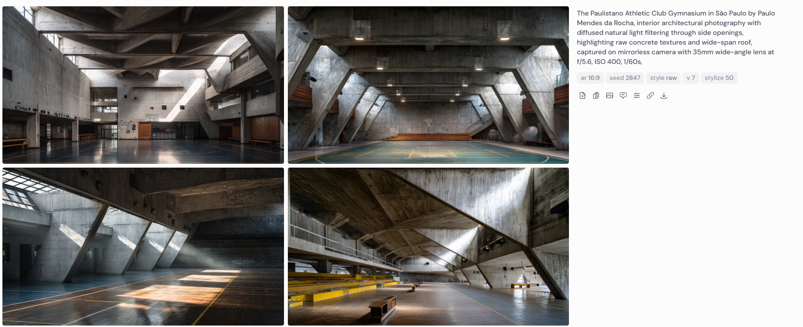 Four interior architectural photographs of the Paulistano Athletic Club Gymnasium in São Paulo, designed by Paulo Mendes da Rocha. Soft natural light filters through side openings, highlighting exposed concrete textures and dramatic wide-span roof structures. Captured on a mirrorless camera with 35mm wide-angle lens at f/5.6, ISO 400, 1/60s.