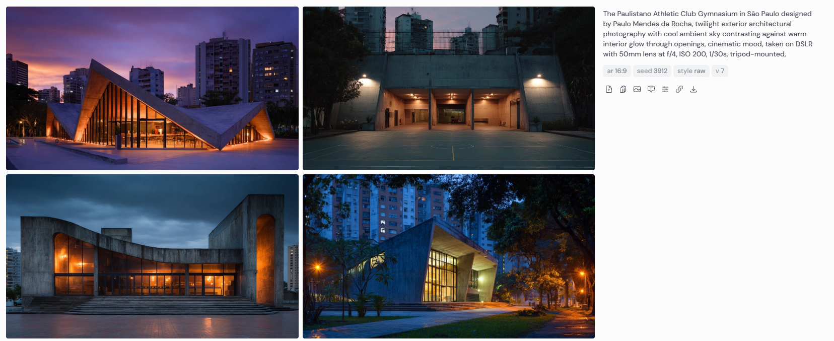 Four twilight exterior architectural photographs of the Paulistano Athletic Club Gymnasium in São Paulo, designed by Paulo Mendes da Rocha. Images capture the cinematic contrast between a cool ambient sky and warm light glowing through building openings. Photographed on DSLR with a 50mm lens at f/4, ISO 200, 1/30s, tripod-mounted.