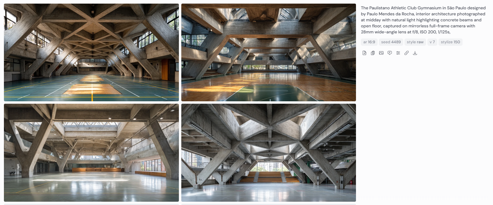 Four interior architectural photographs of the Paulistano Athletic Club Gymnasium in São Paulo, designed by Paulo Mendes da Rocha. Natural midday light highlights exposed concrete beams and wide open floor space, captured on a mirrorless full-frame camera with 28mm wide-angle lens at f/8, ISO 200, 1/125s.