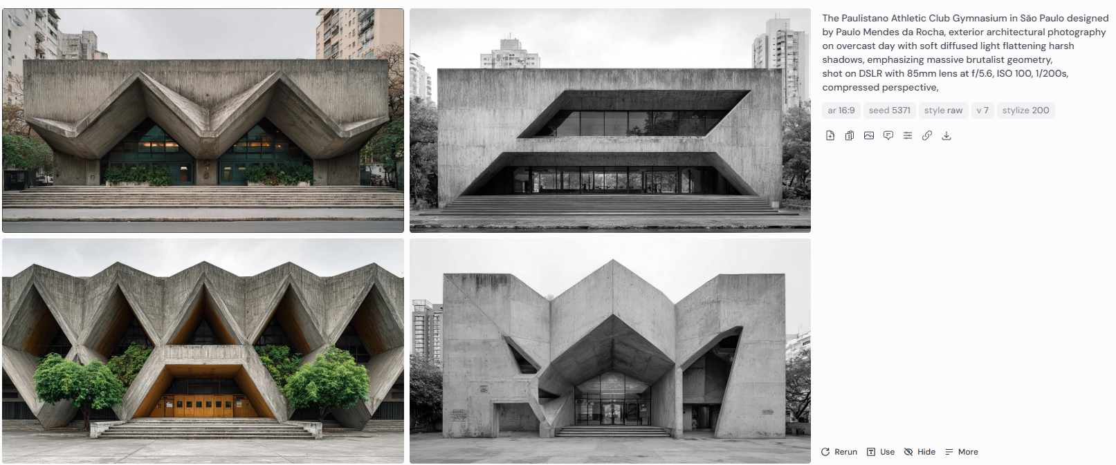 Four exterior architectural photographs of the Paulistano Athletic Club Gymnasium in São Paulo, designed by Paulo Mendes da Rocha. Captured on an overcast day with soft diffused light that minimizes shadows and enhances the building’s massive brutalist geometry. Photographed using a DSLR with an 85mm lens at f/5.6, ISO 100, 1/200s, with compressed perspective framing.
