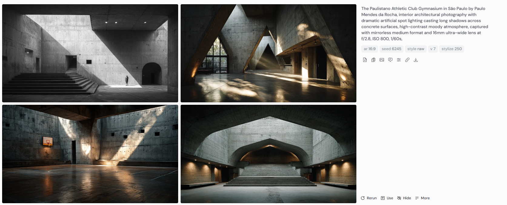 Four interior architectural photographs of the Paulistano Athletic Club Gymnasium in São Paulo, designed by Paulo Mendes da Rocha. Captured under dramatic artificial spot lighting that casts long shadows across exposed concrete surfaces, creating a moody, high-contrast environment. Shot with a mirrorless medium format camera and 16mm ultra-wide lens at f/2.8, ISO 800, 1/60s.