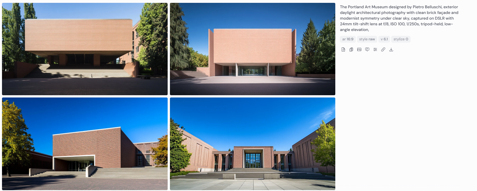 Four exterior daylight architectural photographs of the Portland Art Museum designed by Pietro Belluschi, showing clean brick façades, modernist symmetry, and sharp lines under a clear sky. Captured with DSLR and 24mm tilt-shift lens at f/8, ISO 100, 1/250s from a low tripod-held elevation.
