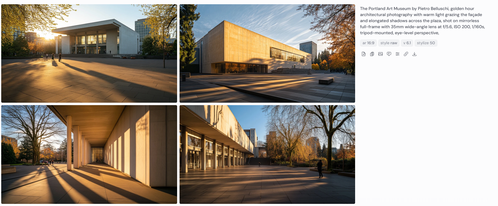 Four golden hour exterior photographs of the Portland Art Museum by Pietro Belluschi, showing warm sunlight grazing the modernist façade and casting long shadows across the plaza. Captured with a mirrorless full-frame camera and 35mm wide-angle lens at f/5.6, ISO 200, 1/160s from a tripod-mounted, eye-level perspective.