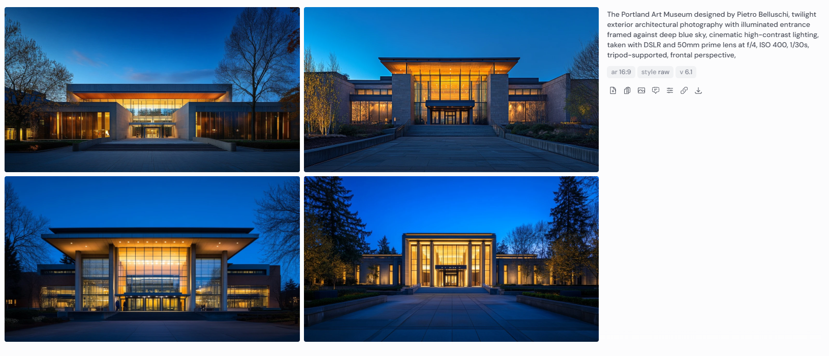 Four twilight exterior photographs of the Portland Art Museum designed by Pietro Belluschi, featuring a brightly illuminated entrance framed against a deep blue sky. Captured with high-contrast lighting and frontal symmetry using a DSLR and 50mm prime lens at f/4, ISO 400, 1/30s, tripod-supported.