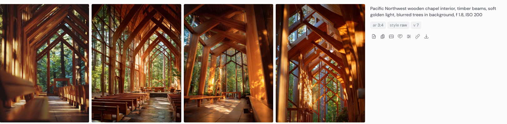 Pacific Northwest wooden chapel interior rendered in Midjourney v7, wide aperture f1.8, ISO 200, soft golden light, blurred trees in background. Four images highlight timber beams and natural light, echoing Pietro Belluschi’s regional modernist architecture.