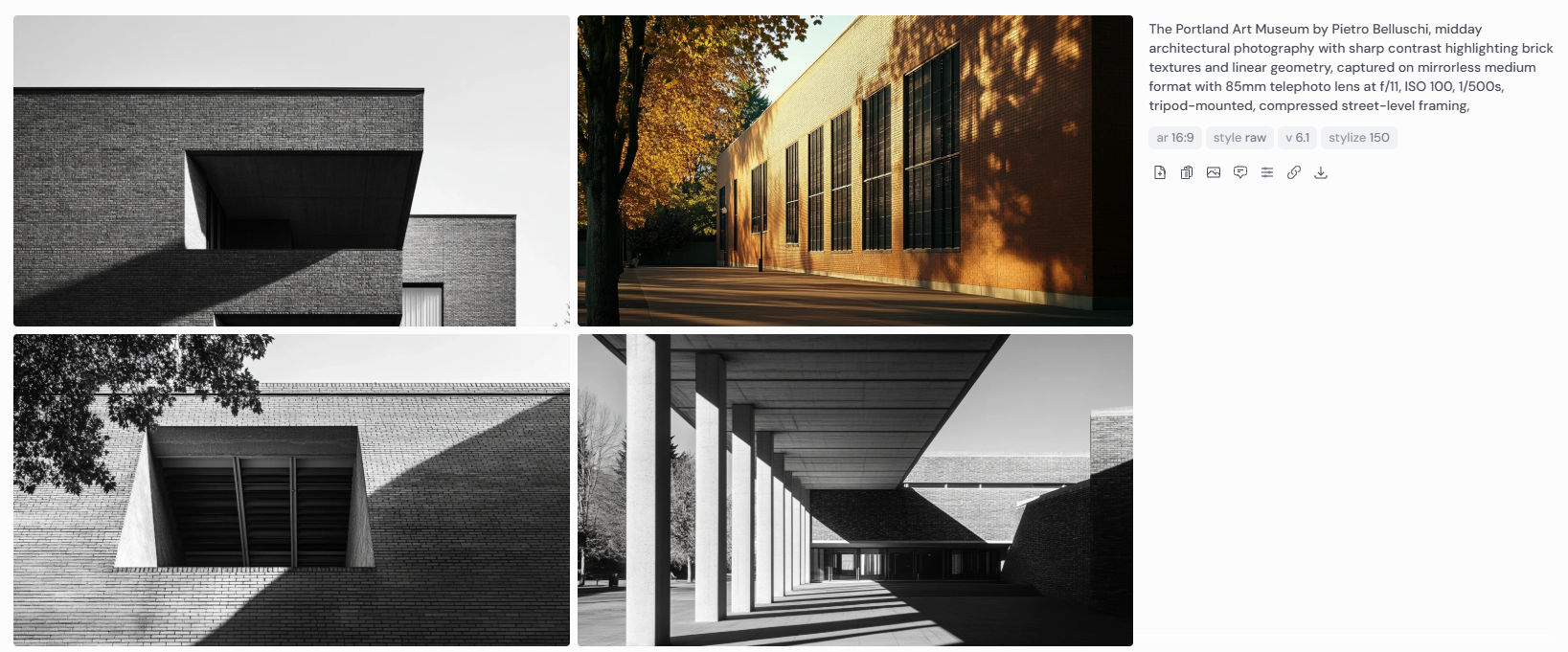 Four midday architectural photographs of the Portland Art Museum by Pietro Belluschi, highlighting sharp contrast, crisp shadows, and brick textures with strong linear geometry. Captured from street level using a mirrorless medium format camera and 85mm telephoto lens at f/11, ISO 100, 1/500s, tripod-mounted for compressed perspective.