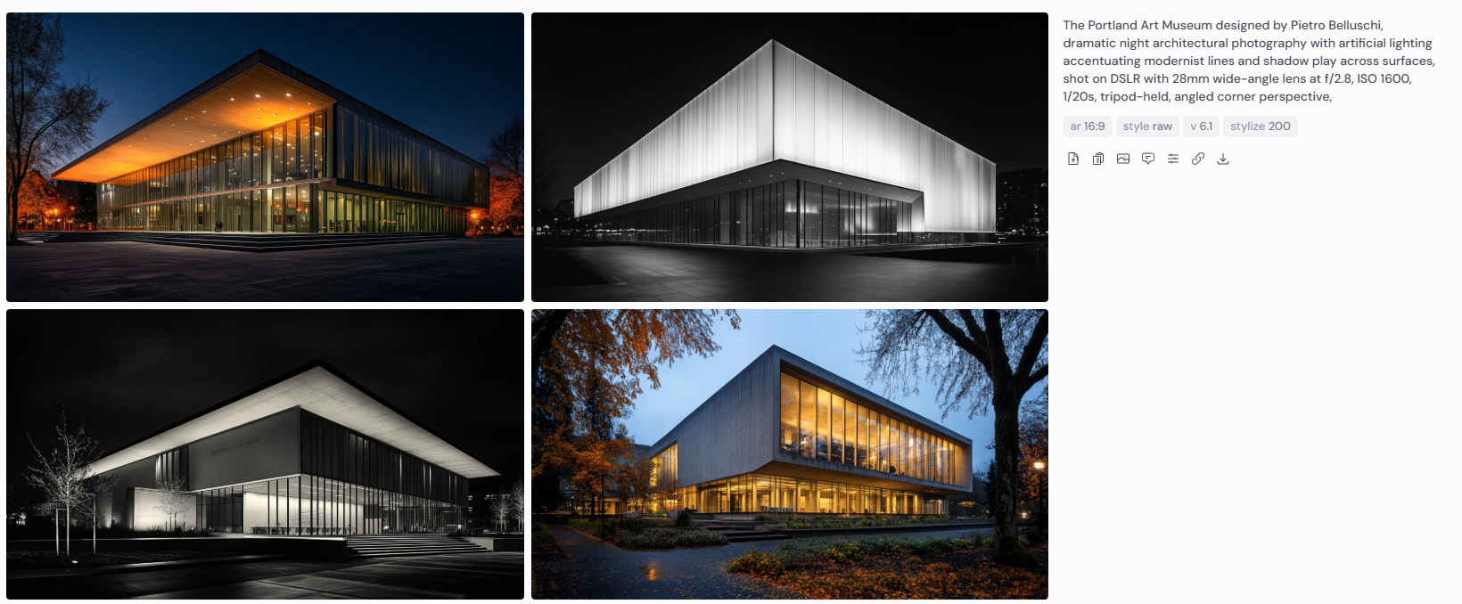 Four night architectural photographs of the Portland Art Museum designed by Pietro Belluschi, featuring dramatic artificial lighting that enhances modernist lines, shadow play, and glass façades. Captured using a DSLR with a 28mm wide-angle lens at f/2.8, ISO 1600, 1/20s, tripod-held from angled corner perspectives for bold geometric framing.