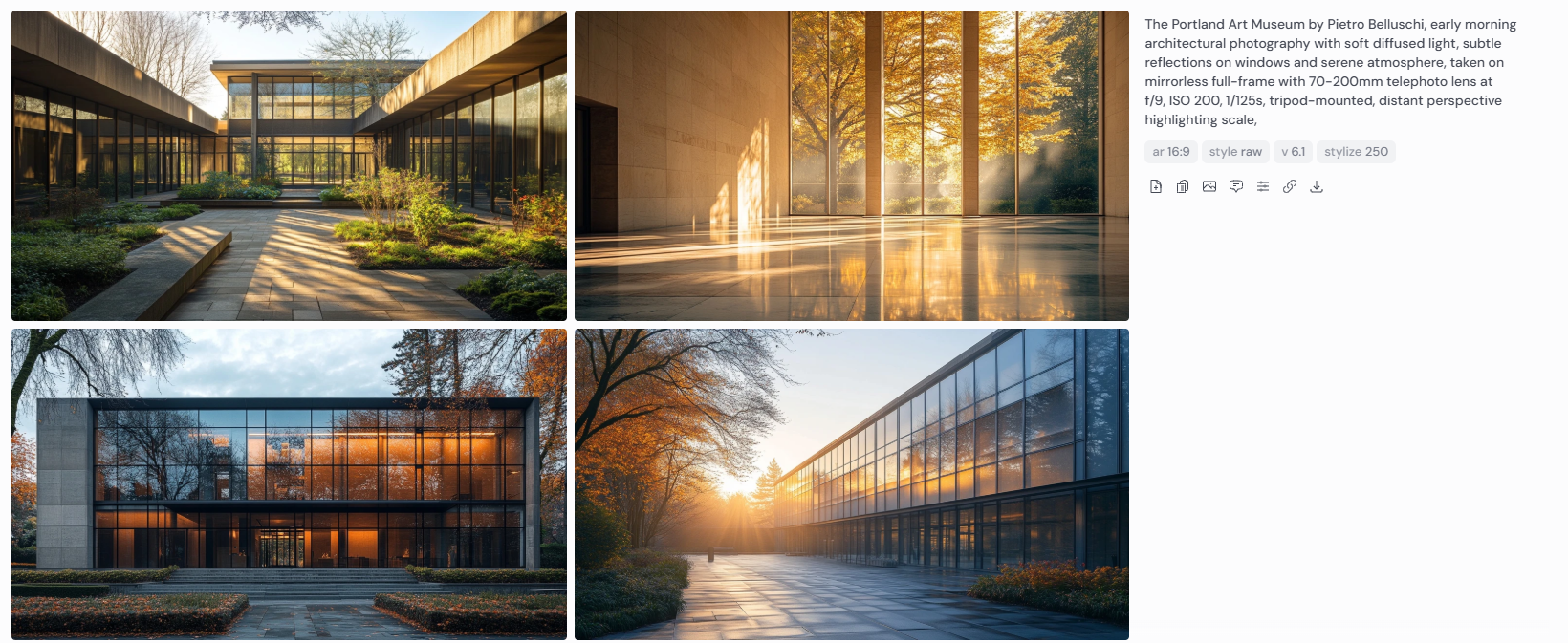 Early morning architectural photographs of the Portland Art Museum designed by Pietro Belluschi, featuring soft diffused light, subtle window reflections, and a calm atmosphere with long telephoto framing that highlights the building’s modernist scale and minimalist garden surroundings.