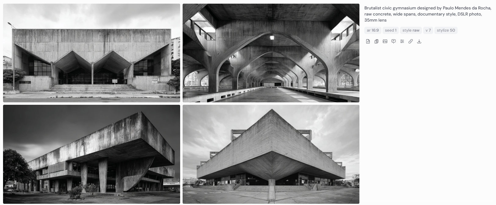 Four black-and-white documentary-style photographs of a brutalist civic gymnasium designed by Paulo Mendes da Rocha. The images showcase raw concrete construction, bold cantilevered forms, and wide-span structural elements, captured on DSLR using a 35mm lens for an authentic, architectural reportage aesthetic.
