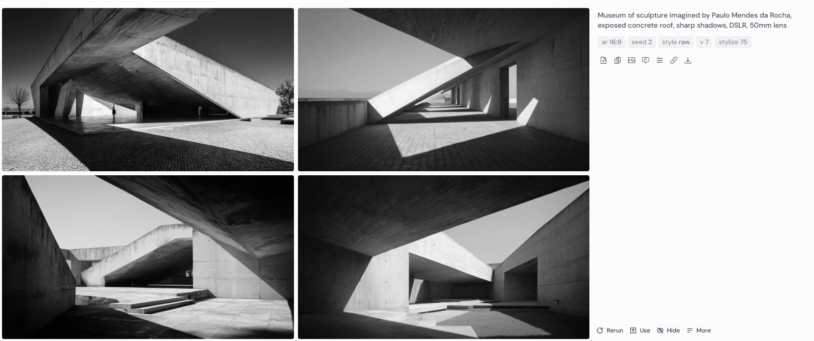 Four black-and-white architectural photographs of a conceptual museum of sculpture imagined by Paulo Mendes da Rocha. The images feature exposed concrete roofs, bold cantilevered structures, and sharp diagonal shadows cast by sunlight. Captured on a DSLR camera with a 50mm lens, emphasizing sculptural geometry and minimalist brutalist aesthetics.