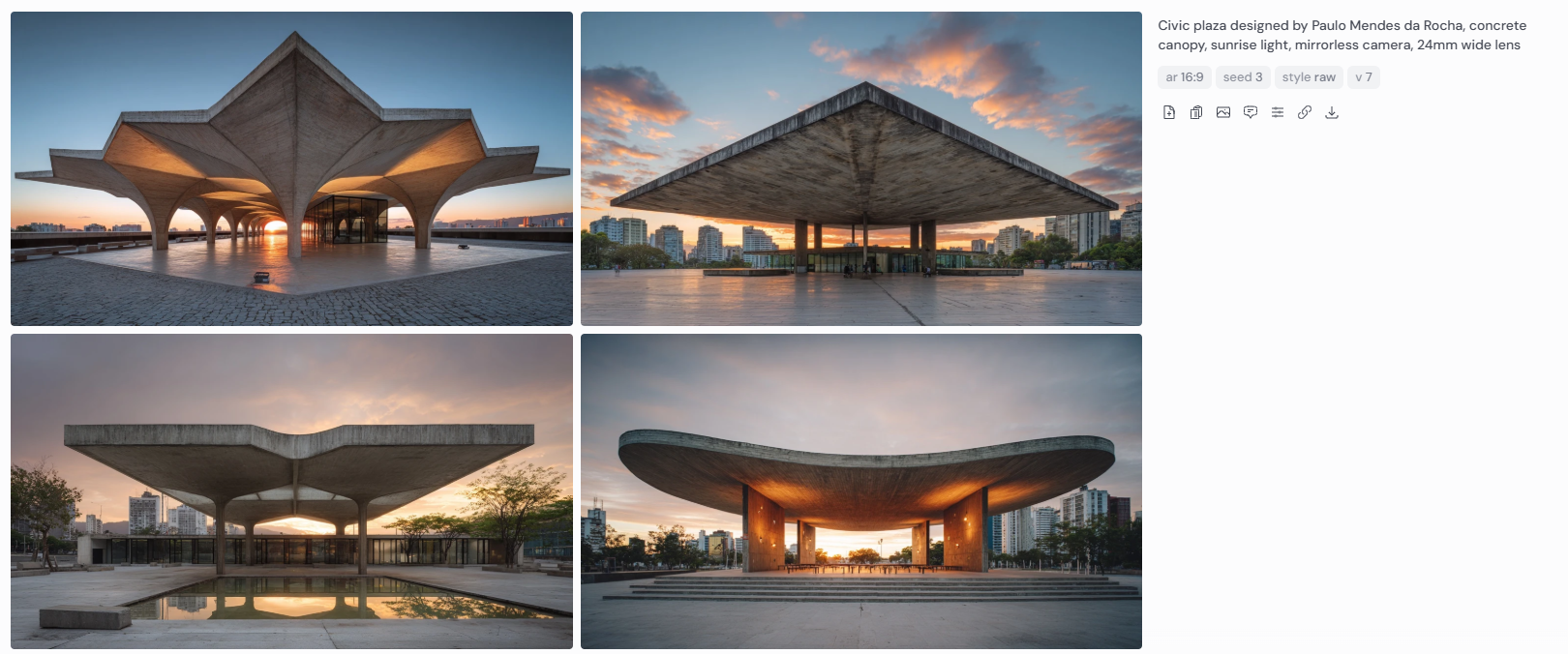 Four wide-angle architectural photographs of a civic plaza designed by Paulo Mendes da Rocha, showcasing a sculptural concrete canopy structure illuminated by soft sunrise light. Captured with a mirrorless camera using a 24mm lens, the images emphasize the expansive urban space, brutalist geometry, and the warm interplay of early morning tones across the textured concrete surface.