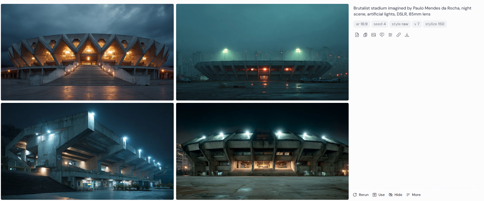Four night-time architectural renderings of a brutalist stadium concept inspired by Paulo Mendes da Rocha. Each image features artificial lighting that illuminates the exposed concrete structure with dramatic contrast. Captured in a moody nighttime atmosphere using a DSLR with an 85mm lens, the scenes emphasize the monumental scale, geometric forms, and stark urban surroundings of the imagined brutalist sports arena.