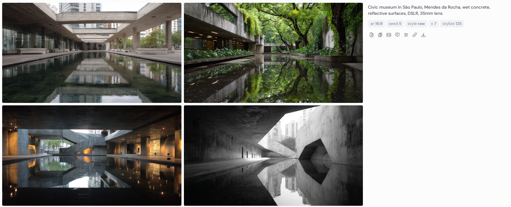 Four architectural renderings of a civic museum in São Paulo inspired by Paulo Mendes da Rocha, showcasing wet concrete surfaces, tranquil reflecting pools, and lush surroundings. Each image captures the interplay of architecture and reflection using a DSLR with a 35mm lens, emphasizing brutalist geometry softened by natural and artificial light. The serene compositions highlight the museum’s integration of water, texture, and structure in a raw urban context.