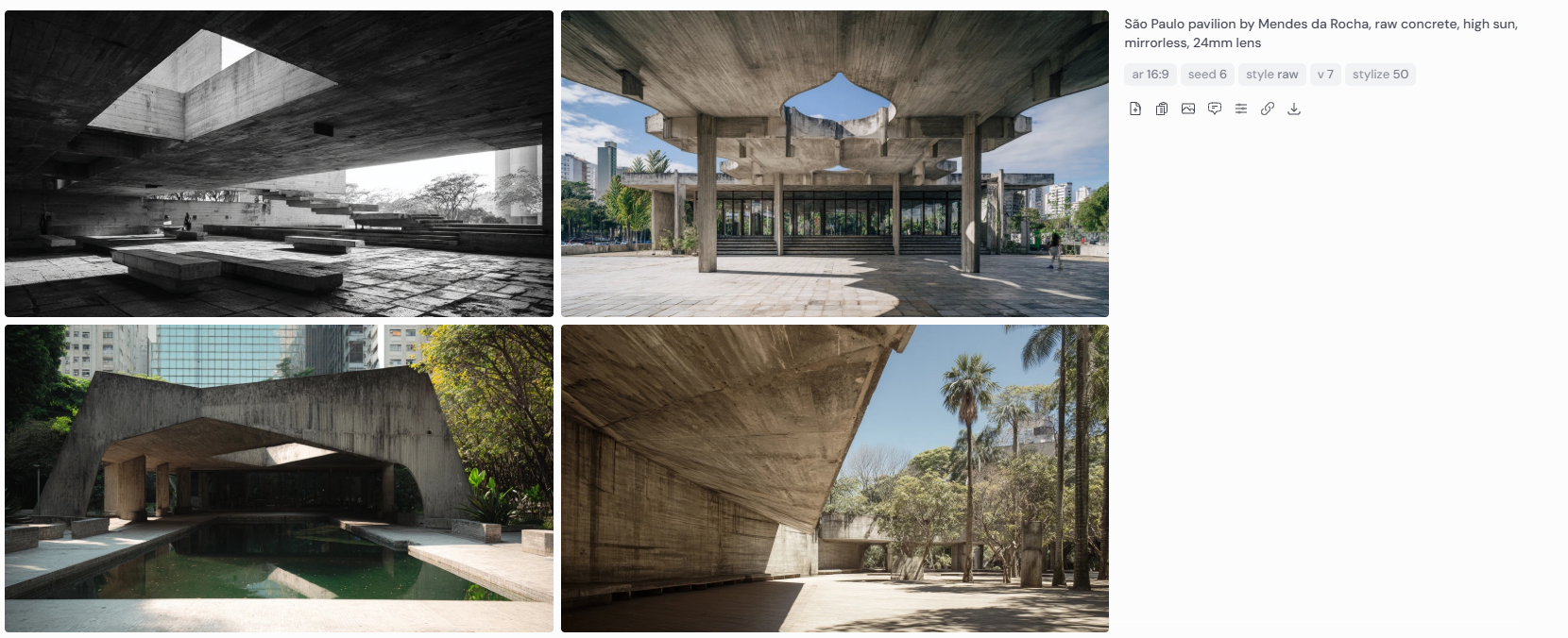 Four architectural renderings of a São Paulo pavilion designed by Paulo Mendes da Rocha, photographed in full daylight. The images highlight raw concrete construction, geometric voids, and integration with urban greenery. Captured with a mirrorless camera and 24mm wide-angle lens, the high sun creates sharp contrasts and shadows that emphasize the bold structural forms and textured surfaces typical of brutalist architecture in a civic setting.