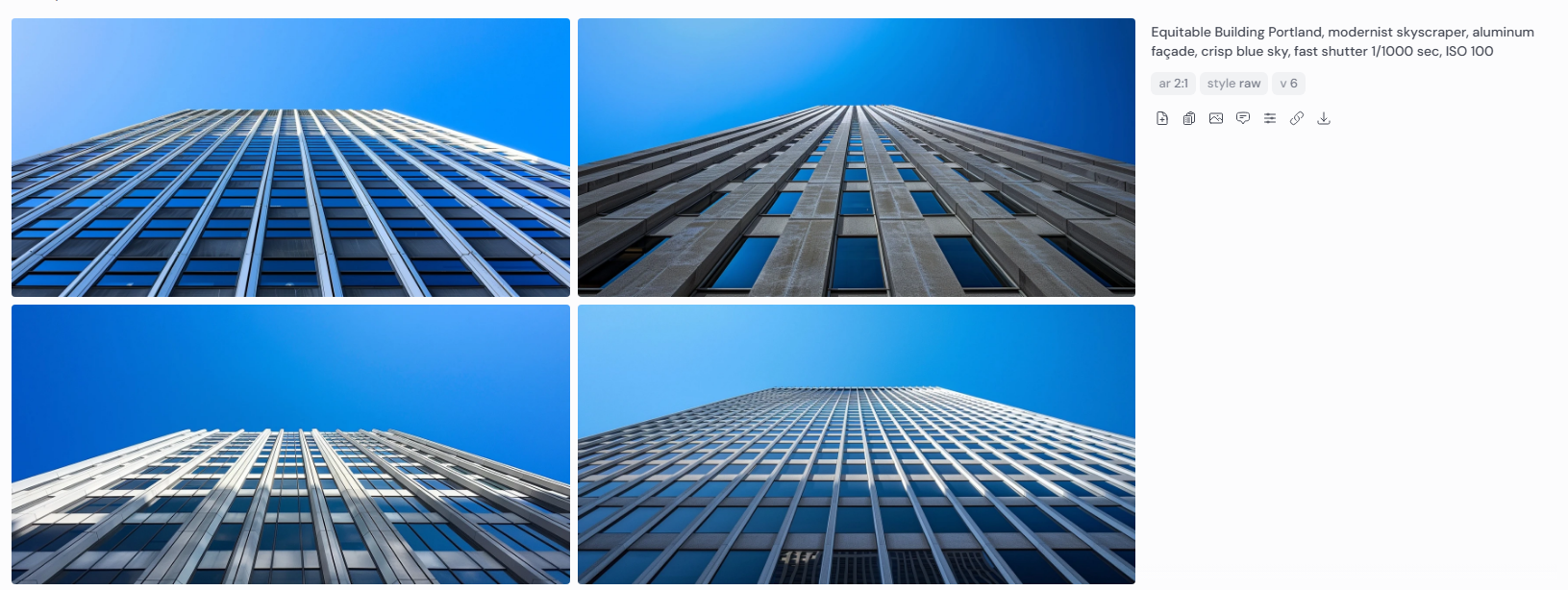 Equitable Building Portland rendered in Midjourney v6, fast shutter 1/1000 sec, ISO 100, aluminum façade, clear blue sky. Four variations highlight Pietro Belluschi’s modernist architecture with sharp lines and precise detail.