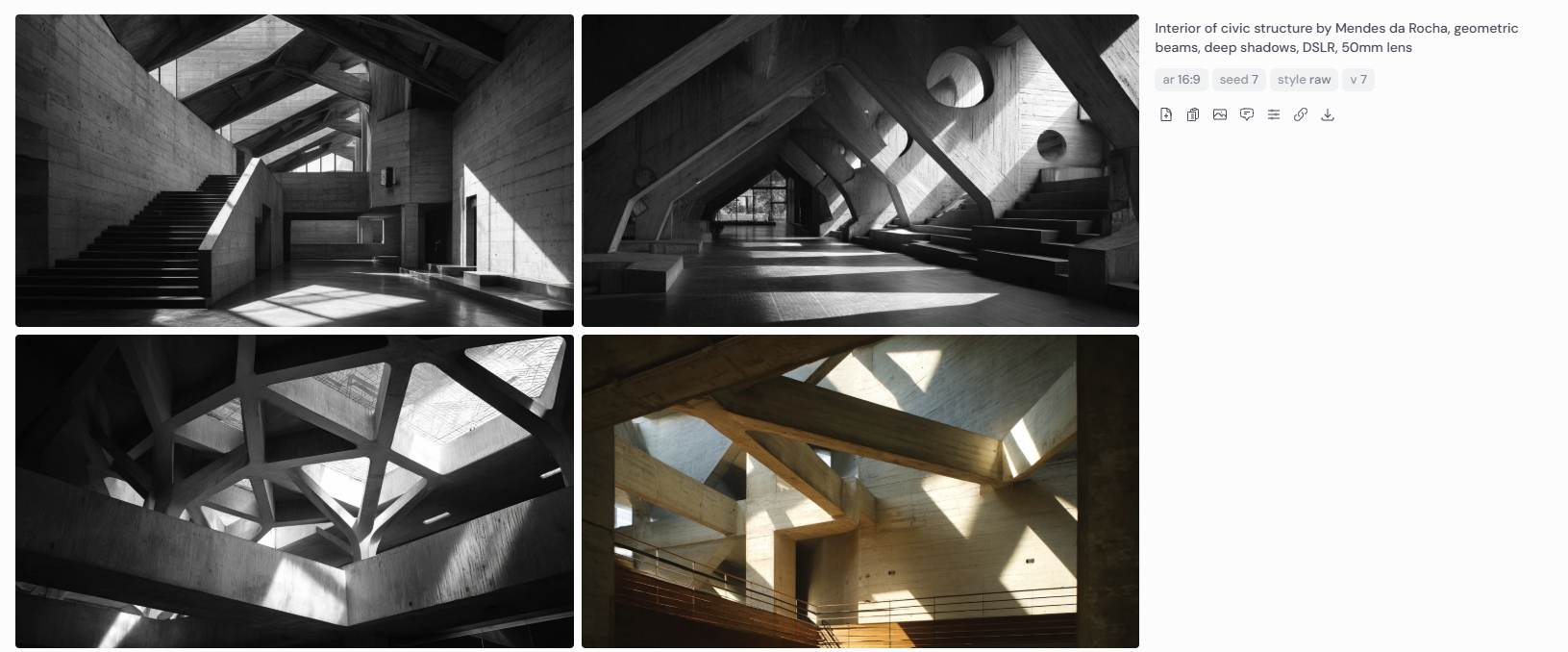 Four interior architectural renderings of a civic structure inspired by Paulo Mendes da Rocha, featuring bold geometric concrete beams and dramatic shadow patterns. The images showcase raw material textures, intersecting structural elements, and high-contrast lighting, emphasizing the brutalist spatial qualities. Captured with a DSLR and 50mm lens to highlight architectural detail and volumetric depth.