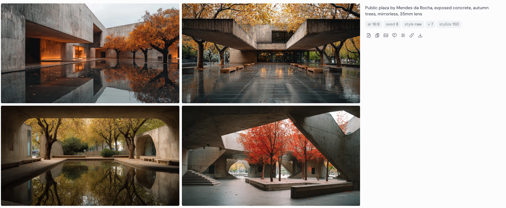 Four architectural renderings of a public plaza inspired by Paulo Mendes da Rocha, showing exposed concrete structures integrated with autumn landscapes. Each image includes orange and red trees, mirrored in reflective wet surfaces. Photographed with a mirrorless camera and 35mm lens, the images highlight the interplay between brutalist architecture and seasonal natural elements in a quiet civic environment.
