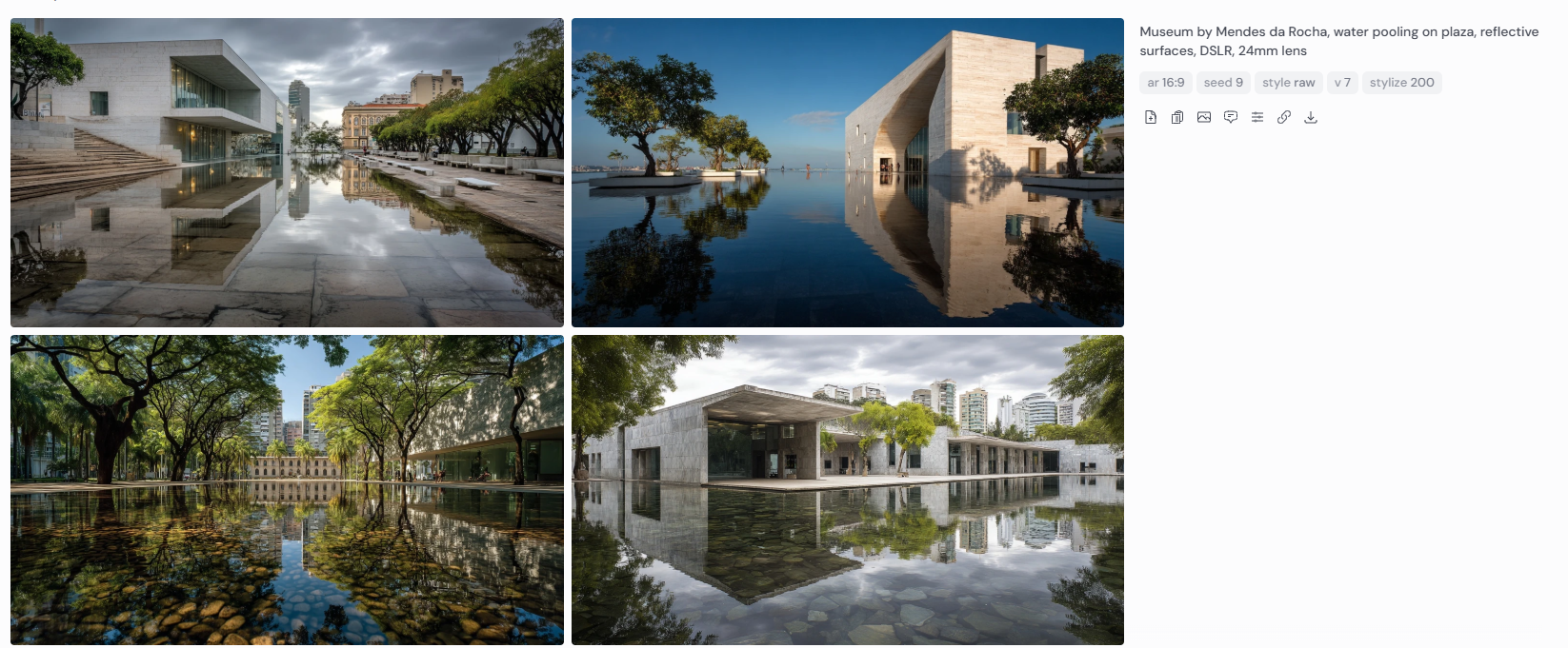 Four architectural renderings of a modern museum concept inspired by Paulo Mendes da Rocha. Each image features water pooling on expansive plaza surfaces, creating mirror-like reflections of concrete structures, trees, and sky. Captured with a DSLR and 24mm wide-angle lens, the compositions highlight reflective textures, low-angle symmetry, and the interplay between built form and natural elements in an open civic environment.