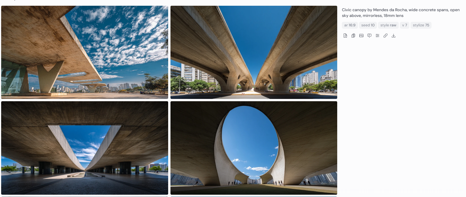 Four architectural renderings of a civic canopy inspired by Paulo Mendes da Rocha, featuring wide concrete spans and expansive open sky. Captured with a mirrorless camera and 18mm wide-angle lens, each image highlights the bold scale, dynamic geometry, and urban integration of the structure. The concrete forms create striking negative space against the blue sky, emphasizing the contrast between architecture and environment in a modern civic setting.