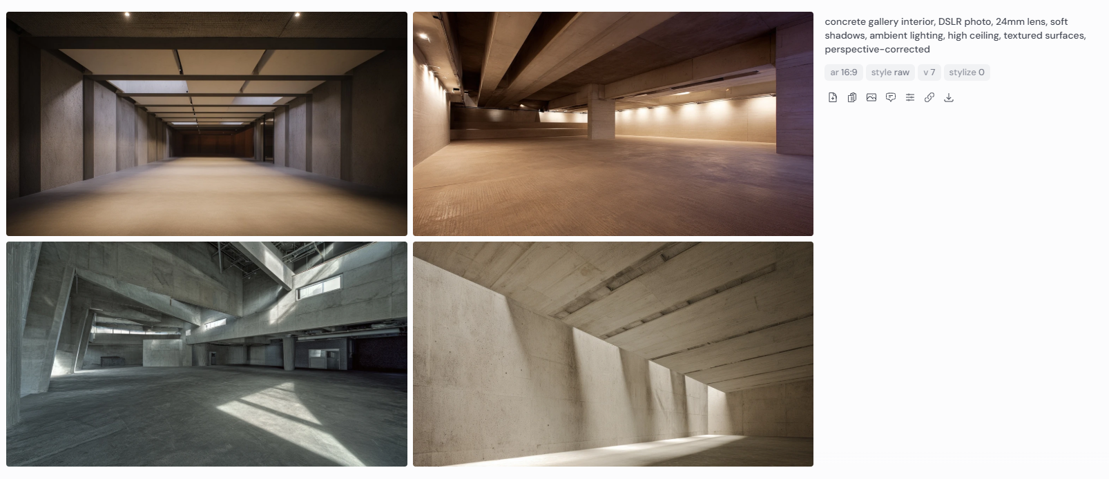 Four architectural renderings of a concrete gallery interior with high ceilings, ambient lighting, and soft shadows. Each space features textured concrete walls, open floor plans, and geometric ceiling structures, captured with a DSLR and 24mm lens for a perspective-corrected composition. The images showcase a serene, minimalist environment with a focus on material texture, natural light interplay, and spatial proportion.