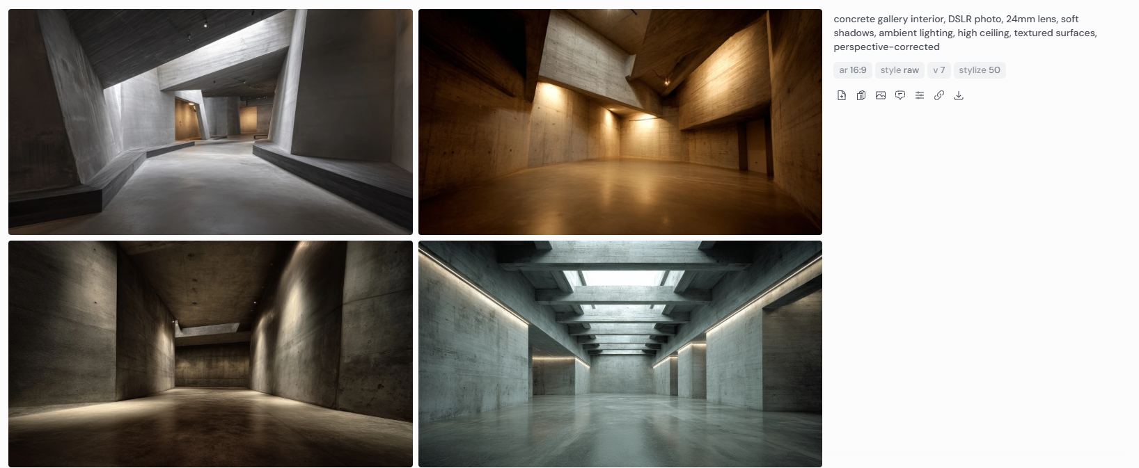 Four architectural renderings of a minimalist concrete gallery interior featuring high ceilings, angled walls, and ambient lighting. Captured with a DSLR and 24mm lens, the images showcase perspective-corrected compositions with soft shadows, textured concrete surfaces, and integrated skylights. The scenes convey a serene, spatially rich environment ideal for modern exhibition design or civic architecture.