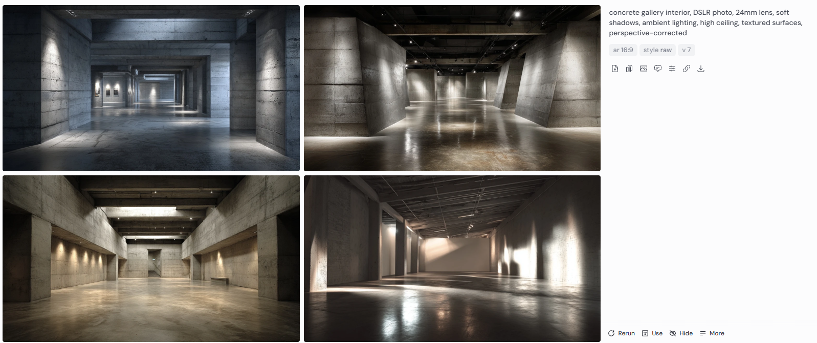 Four architectural renderings of a contemporary concrete gallery interior with ambient lighting and soft shadows. The spaces feature high ceilings, raw textured surfaces, and clean perspective lines. Captured using a DSLR and 24mm lens, the images highlight the interplay of light and materiality in a minimalist, industrial-style exhibition space with sculptural columns, polished floors, and directional spot lighting.