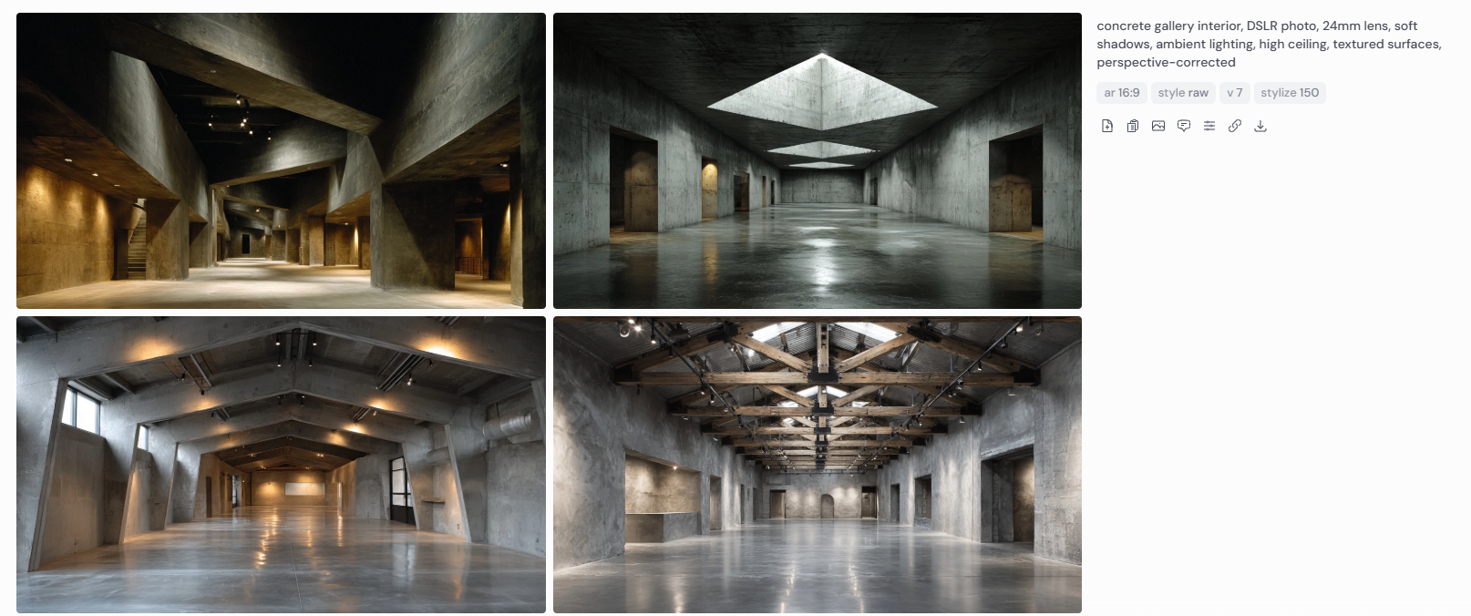 Four architectural renderings of a concrete gallery interior featuring high ceilings, exposed beams, textured walls, and skylit volumes. The images highlight ambient lighting, soft shadows, and polished floors within a minimalist, industrial-style setting. Captured using a DSLR with a 24mm lens, the perspective-corrected compositions emphasize the spatial geometry, material rawness, and contemporary design suited for exhibition or civic use.