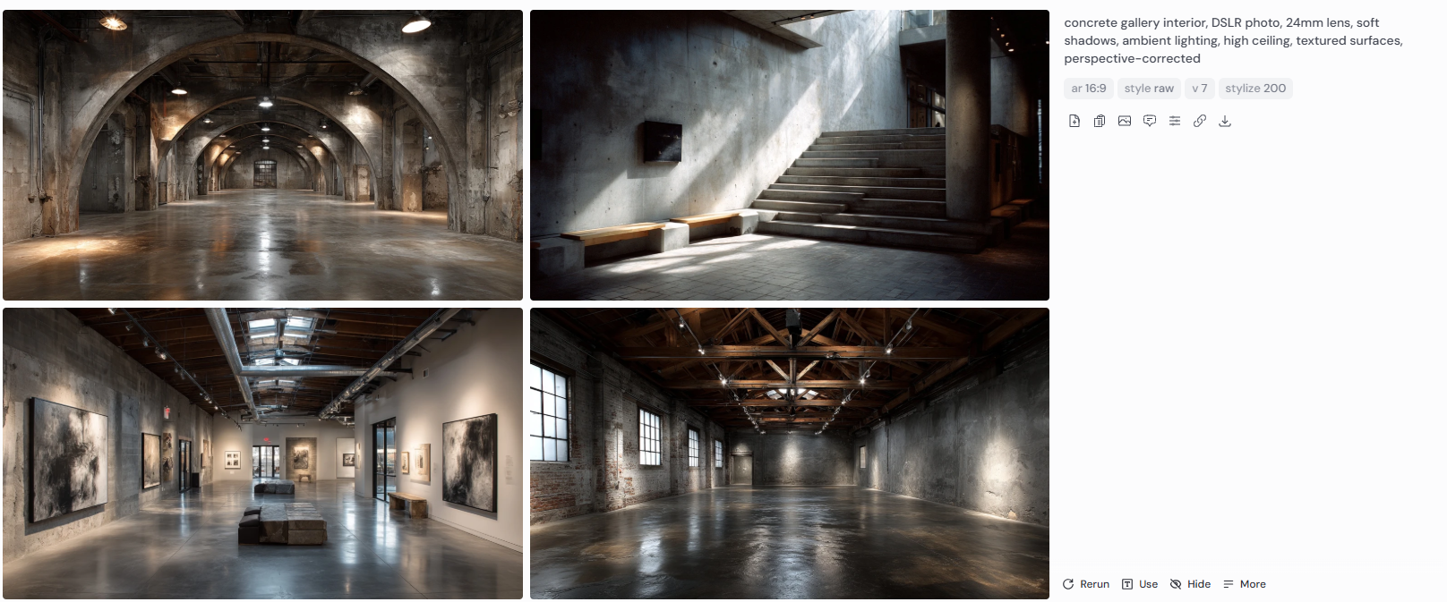 Four architectural renderings of a concrete gallery interior showcasing ambient lighting, soft shadows, and a mix of historic and industrial elements. The images feature high ceilings, exposed wood beams, arched concrete structures, and textured walls. Captured with a DSLR and 24mm lens, the perspective-corrected scenes highlight modern exhibition spaces with a raw, tactile atmosphere, combining minimalist design with heritage materiality.