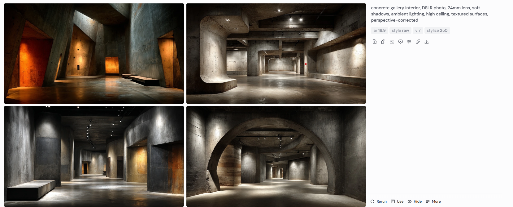our architectural renderings of a concrete gallery interior with sculptural curves, ambient lighting, and soft shadows. The images showcase high ceilings, textured concrete walls, dramatic arches, and angled forms. Captured with a DSLR and 24mm lens, these perspective-corrected views emphasize the material richness and spatial complexity of a contemporary exhibition environment designed for immersive experience.