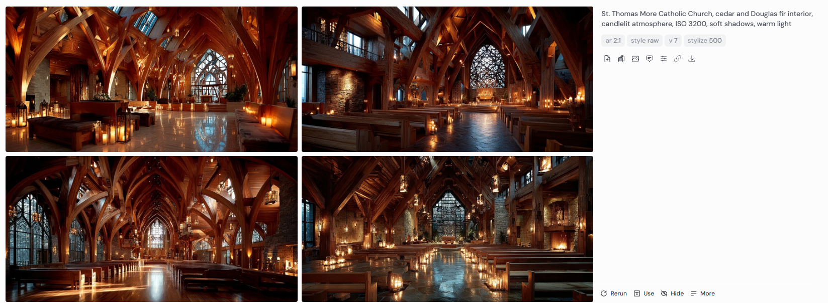 St. Thomas More Catholic Church interior rendered in Midjourney v7 with ISO 3200, candlelit atmosphere, cedar and Douglas fir beams. Four variations highlight Pietro Belluschi’s regional modernist design, showing warmth, grain, and intimacy within sacred architecture.