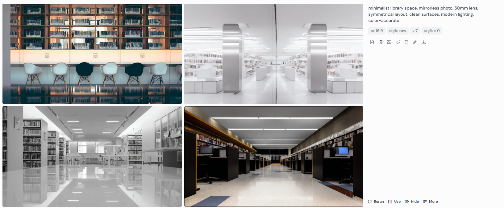 Four architectural renderings of a minimalist library interior featuring symmetrical layouts, modern lighting, and clean surfaces. The images include reading desks, organized book stacks, polished floors, and neutral-toned materials. Captured with a mirrorless camera and 50mm lens, the color-accurate scenes highlight refined spatial composition and contemporary design in a quiet, functional learning environment.
