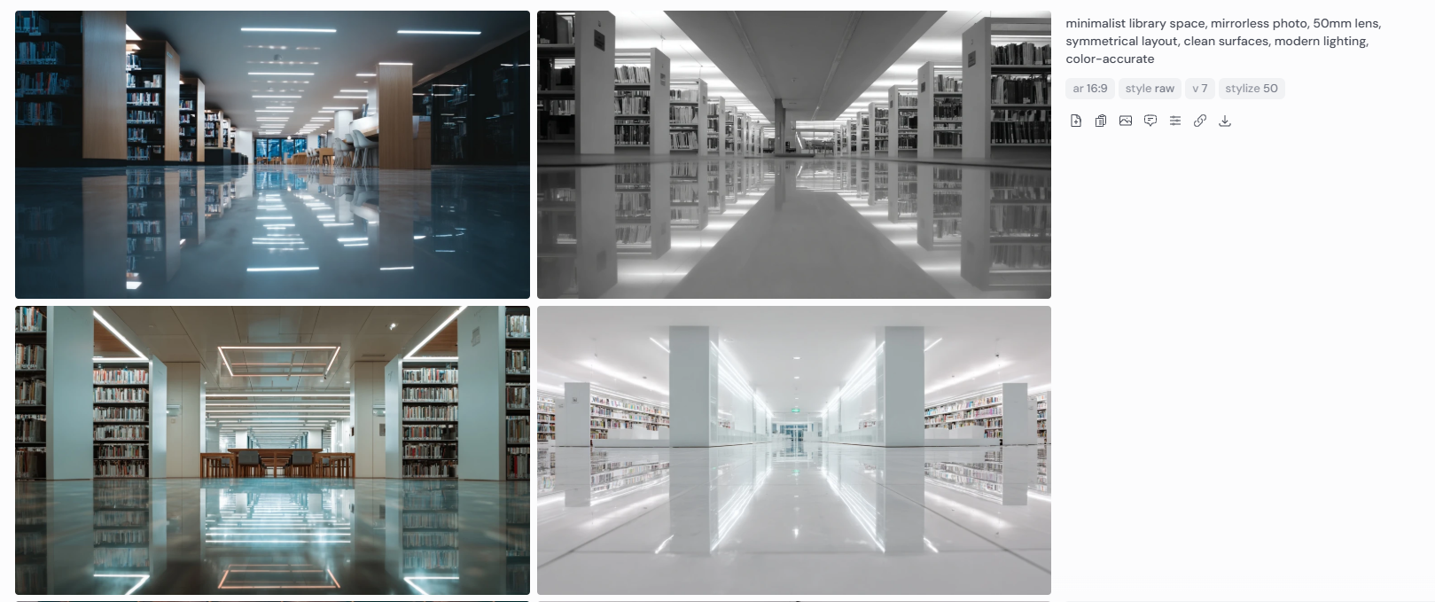 Four architectural renderings of a minimalist library space with symmetrical arrangements, clean white surfaces, and modern lighting. The images feature polished reflective floors, organized bookshelves, reading areas, and soft color accuracy throughout. Captured with a mirrorless camera and 50mm lens, the scenes showcase precise alignment, minimal visual noise, and contemporary spatial design in an ambient learning environment.