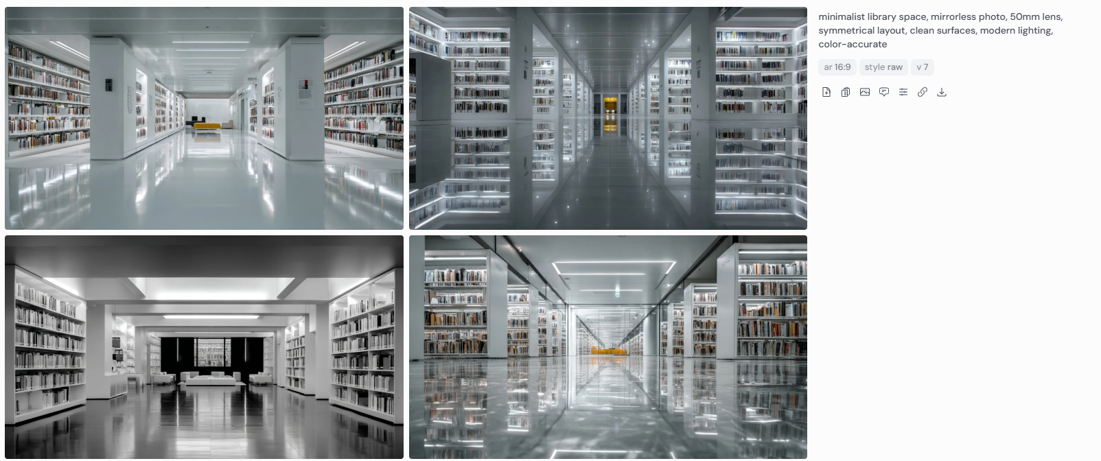 Four architectural renderings of a minimalist library space featuring symmetrical layouts, reflective floors, clean white shelving, and soft modern lighting. Captured with a mirrorless camera and 50mm lens, these color-accurate images highlight organized book collections, geometric spatial alignment, and a futuristic yet functional design approach. The perspective emphasizes visual calm and architectural precision in a contemporary learning environment.